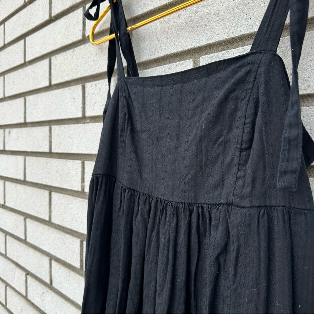 Old Navy Black Dobby Tie Shoulder Midi Dress Pockets Cotton S Coastal Boho - Picture 7 of 13